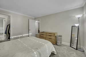 Carpeted bedroom featuring baseboards and ornamental molding