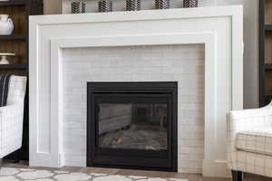 Detailed view of a glass covered fireplace