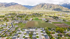 Aerial perspective of suburban area featuring mountains