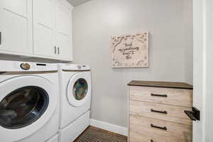 Laundry room featuring cabinet space and separate washer and dryer