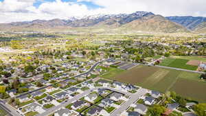 Aerial view of residential area with mountains