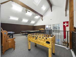 Playroom featuring a skylight and ceiling fan