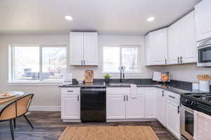 Kitchen featuring white cabinetry, stainless steel appliances, dark wood finished floors, and recessed lighting