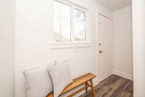 Living area featuring dark wood finished floors and electric panel