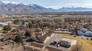 Aerial perspective of suburban area with mountains