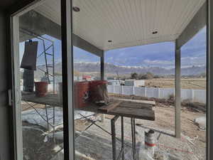 View of patio featuring a mountain view