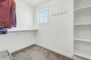 Primary bedroom walk in closet with dark colored carpet