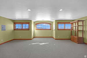 Carpeted spare room featuring electric panel, plenty of natural light, and recessed lighting