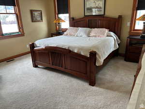 Bedroom with multiple windows and carpet