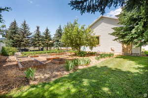 View of green lawn featuring a vegetable garden