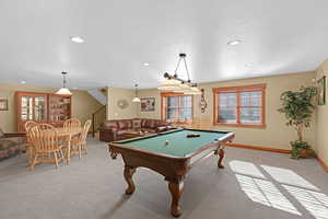 Game room with recessed lighting, carpet, and pool table