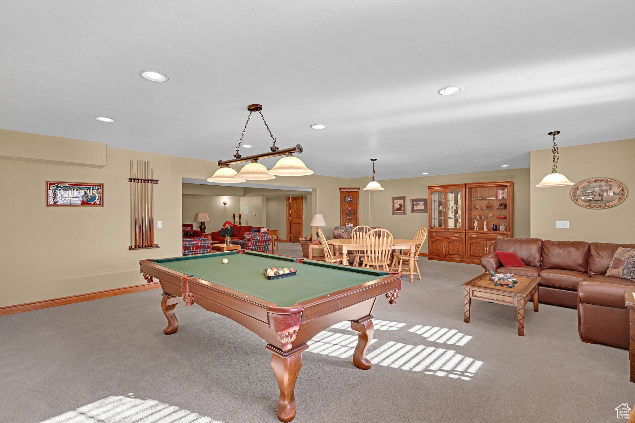 Rec room featuring carpet, pool table, and recessed lighting