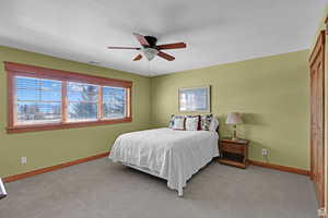 Bedroom with a closet, carpet, and a ceiling fan