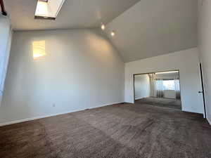 Master bedroom with dark colored carpet, a skylight, a high ceiling, and a large walk-in closet