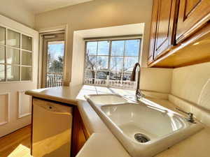 Kitchen with wood finish cabinetry, dishwasher, and light countertops