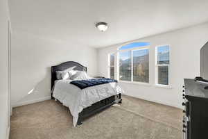 Bedroom featuring light carpet
