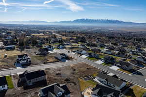 Aerial view of residential area with mountains
