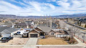 Aerial perspective of suburban area with mountains