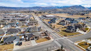 Aerial perspective of suburban area featuring mountains