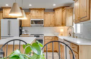 Kitchen with light wood finish cabinets, decorative backsplash, high end refrigerator, and stainless steel range with gas cooktop