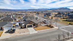 Aerial perspective of suburban area featuring mountains