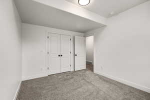 Unfurnished bedroom featuring carpet flooring and a closet