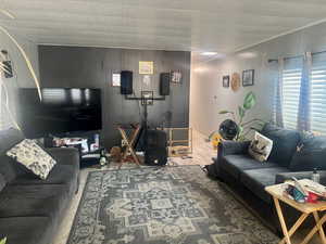 Living area with a decorative wall