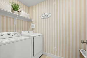 Laundry room with painted stripes