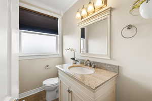 Half bathroom featuring vanity and ornamental molding