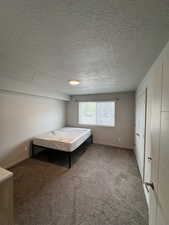 Bedroom with carpet floors and a textured ceiling