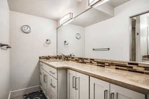 Full bath featuring vanity, tasteful backsplash, and a shower