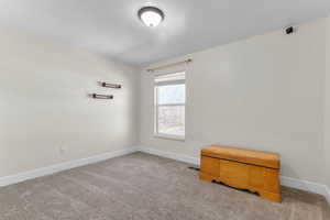 Unfurnished room featuring baseboards and light carpet