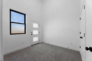 Carpeted foyer entrance featuring baseboards and a high ceiling