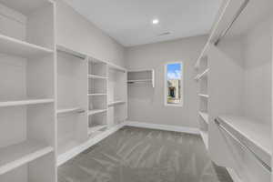 Walk in closet with light carpet