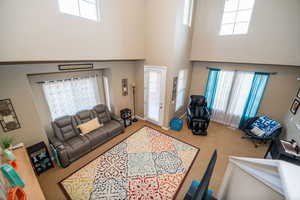 Carpeted living area with a high ceiling and healthy amount of natural light