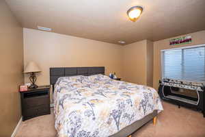 Bedroom with carpet floors and a textured ceiling