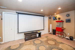 Cinema room with carpet flooring, recessed lighting, and a textured ceiling