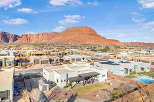 Aerial view of residential area with mountains