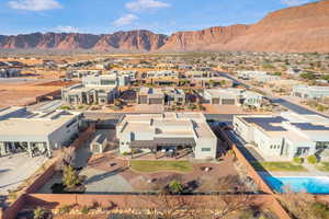 Aerial perspective of suburban area with mountains