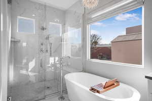 Full bath with a marble finish shower, a freestanding bath, a chandelier, and vanity