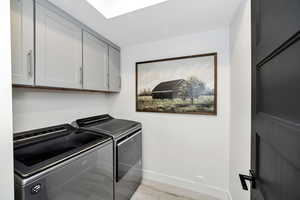 Laundry area with independent washer and dryer, light wood finished floors, and cabinet space