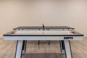 Detailed view of wood finished floors and baseboards