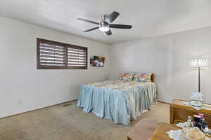 Master Bedroom with a ceiling fan, carpet, and a textured ceiling