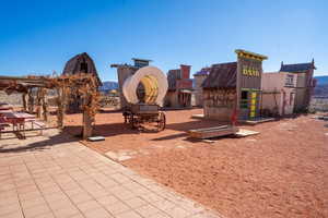 View of play area with a mountain view
