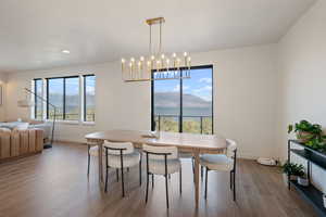 Dining area with a mountain view, wood finished floors, and suspended lighting