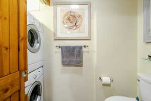 Laundry area with stacked washer and clothes dryer
