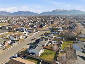 Aerial view of residential area with mountains