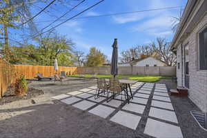 Fenced backyard with a patio and outdoor dining area