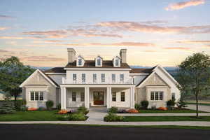 View of front of property with a chimney, a porch, and a front yard