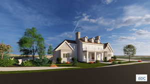 View of front of house with a porch, a chimney, and a front lawn